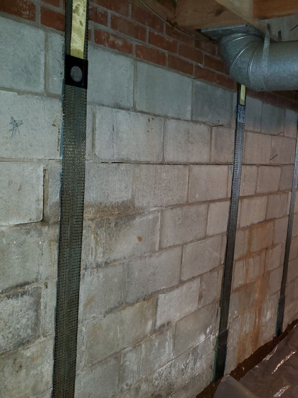 carbon fiber straps used to stabilize a leaning wall on a home in the Upstate of South Carolina.
