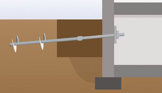Drawn image of a helical tie back installed on a basement wall.